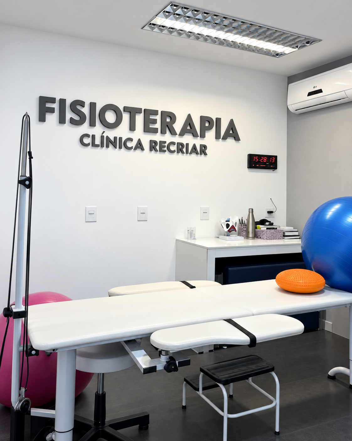 Ilustração da sala de fisioterapia com maca, bolas e letreiro Fisioterapia Clínica Recriar.