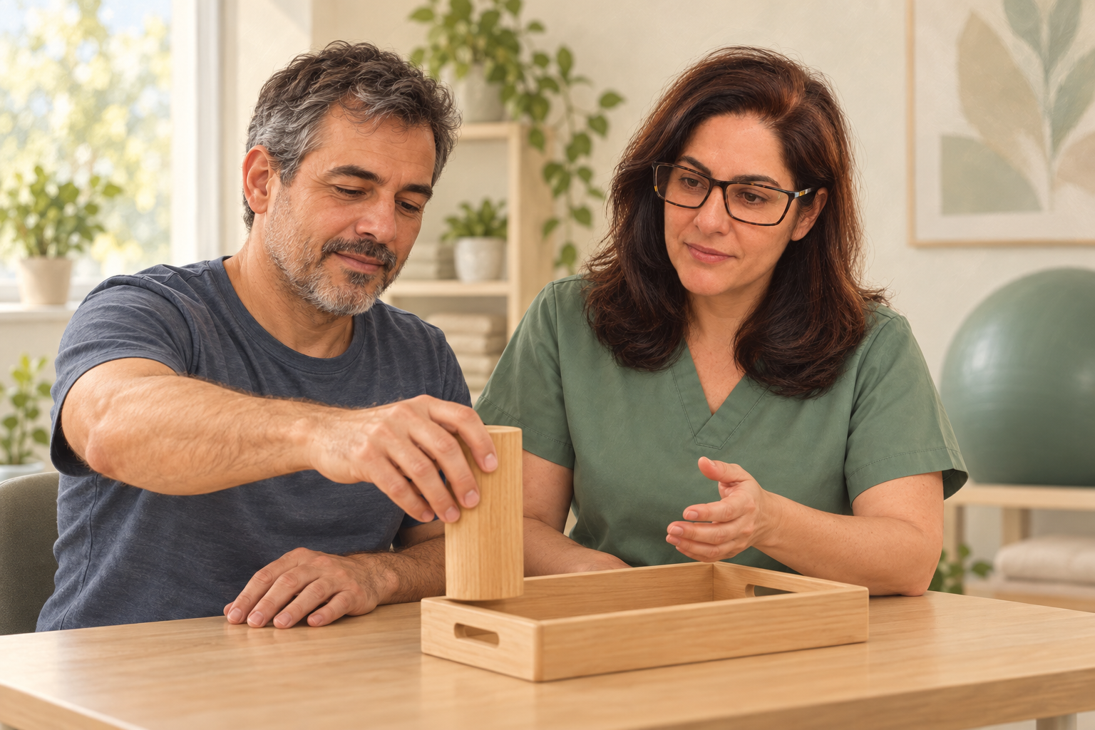 Ilustração de Tatiana acompanhando um homem em uma atividade funcional com um objeto sobre a mesa.